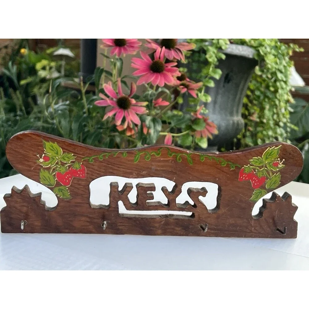 1970s Vintage Strawberry Wooden Key Holder Cottagecore Folk Art Wall Rack